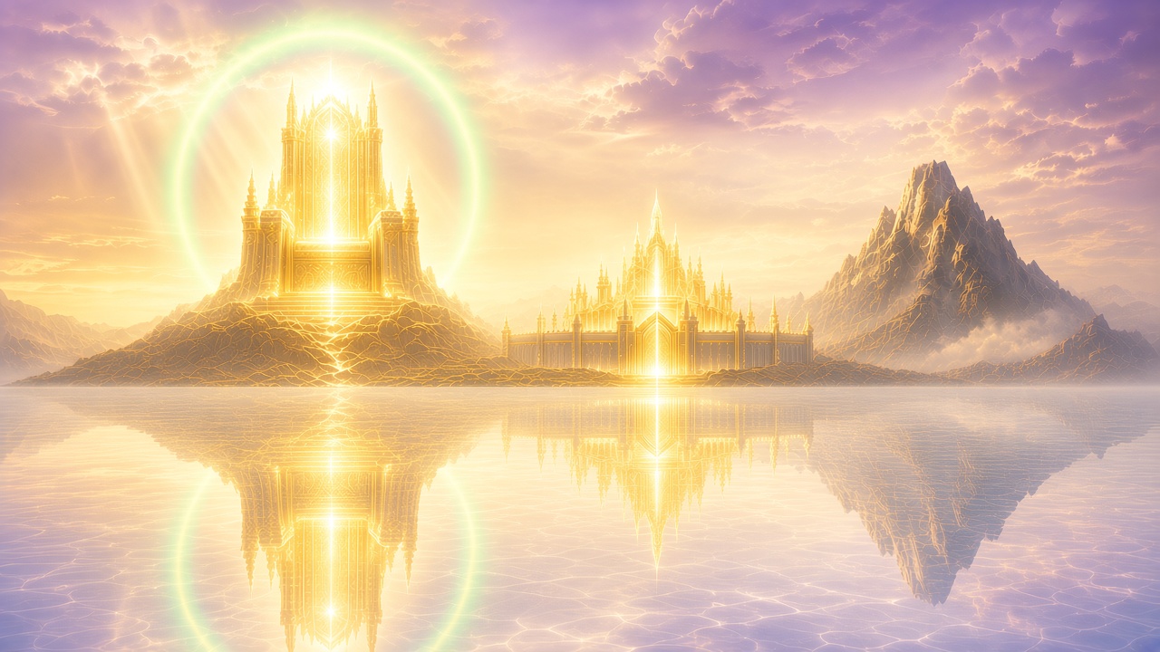 The crystal sea before the Throne of God, with the City of God and the mountain of God, all filled with light from the Throne.